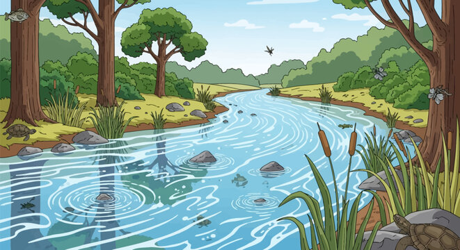 Detailed vector illustration of a freshwater river ecosystem featuring a winding blue stream with water ripples, lush green trees, shrubs, cattails, turtles, and flying insects.