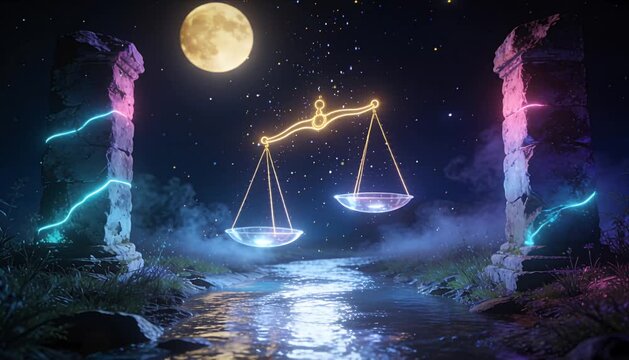 Fantasy river neon light glowing scale full moon starry sky stone pillar night landscape mystical scene zodiac sign balance symbol dreamy moonlit sky neon moon night magic balance scale glowing river