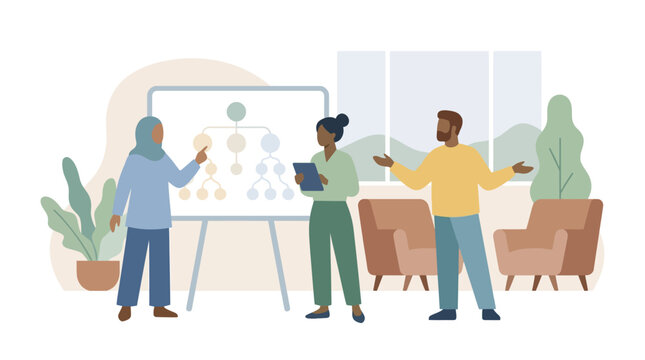 Diverse Professional Team Collaborating on Business Strategy Presentation in Modern Office. EPS Editable. Vector Illustrations.