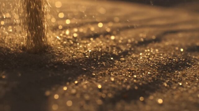 Captivating close-up of glistening golden particles falling, creating a shimmering and luxurious abstract texture with beautiful light reflections and enchanting bokeh