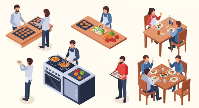 Isometric vector illustration featuring people preparing food and dining. Includes baking cookies, chopping vegetables, cooking soup, serving food, and eating at tables.