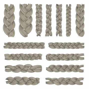 Set of vector illustrations showing various hair braid patterns and plaits including three-strand braids and fishtail styles in neutral brown shades on a white background.