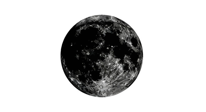 Detailed black and white vector art of the full moon surface featuring craters, lunar maria, and highlands, isolated on a clean white background for astronomical design projects.