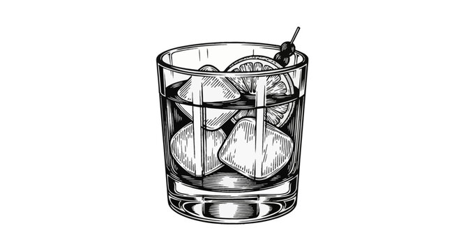 Vintage black and white engraved style illustration of an Old Fashioned cocktail in a rocks glass with ice cubes, garnished with a citrus orange slice and a cherry on a cocktail pick.