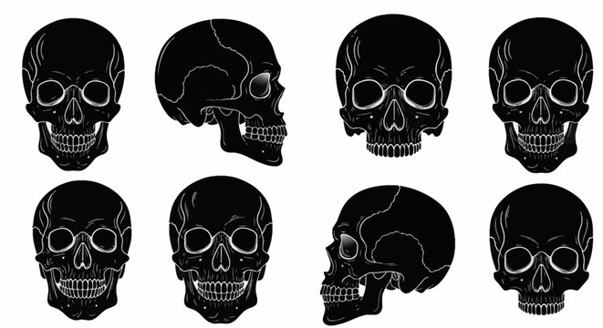Set of eight human skull illustrations in black silhouette with white line art details, featuring frontal and profile side views showing jawbones, teeth, and cranial structures.