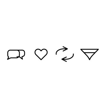 Social media icon set featuring comment bubble heart like repost and share symbols for interface design.