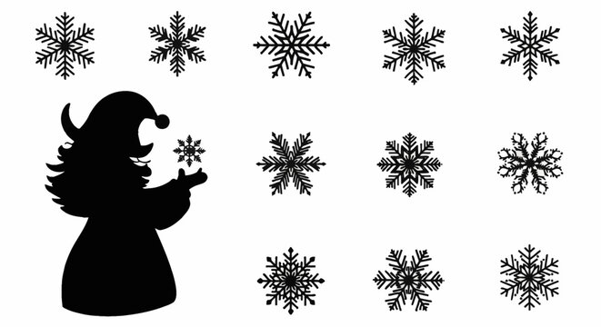 Silhouette icon set of Santa Claus holding a snowflake and multiple detailed geometric snowflake designs isolated on a white background for Christmas and winter holiday themes.