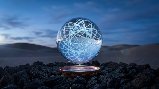 Glowing blue atomic structure encased within a crystal orb levitating above a rustic metal bowl positioned on dark volcanic rocks at dusk time