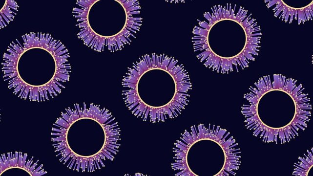 Medical science footage of stylized virus or microbe particles drifting on a dark blue background, ideal for healthcare, infection, pandemic, and research concepts