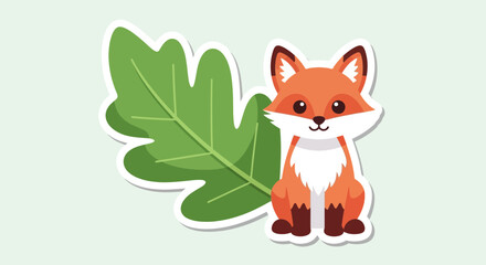 Obraz premium Cute Cartoon Fox Sitting Next to a Green Oak Leaf