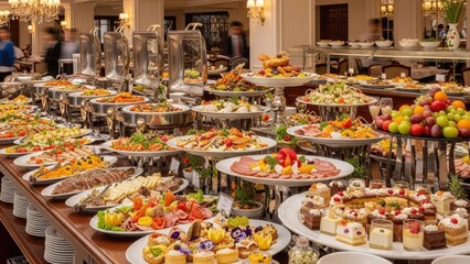 Fototapeta premium A lavish buffet spread with an assortment of dishes and desserts in a luxurious setting