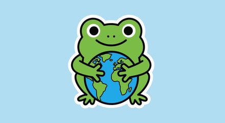 Fototapeta premium Cute frog holding planet earth, environmental conservation concept