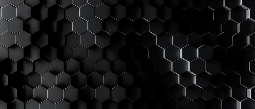3d render of geometric tech pattern or dark abstract hexagon background. Smooth black honeycomb shapes for dark shadowy backgrounds.