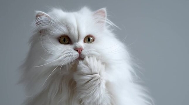White cat with long fur cleaning paw.