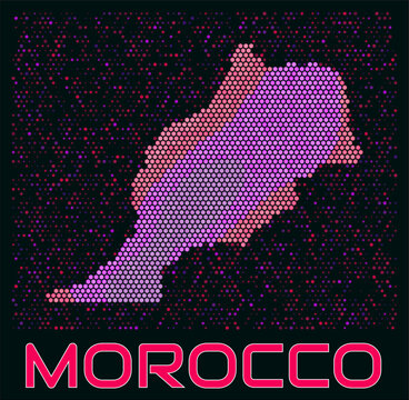 Morocco digital style hexagon map. Vibrant magenta purple pink neon dotted shape. Country tiny bright hexagon cells. Morocco honeycomb map design. Classy Vector Illustration.