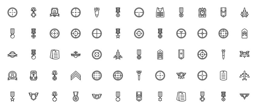 Army Badges icon set. Military vector icons pack. Includes target, medal, bomb, bulletproof vest, chevron, aeroplane, dog tag and more. Editable stroke.