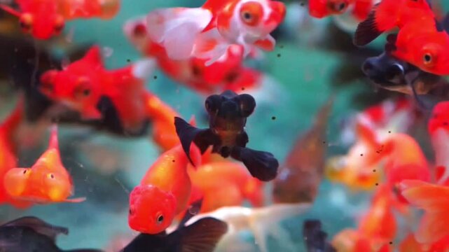 School of Colorful Goldfish and Black Moor Swimming in Aquarium