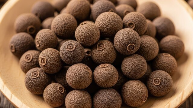 A close-up view of allspice berries in a wooden bowl