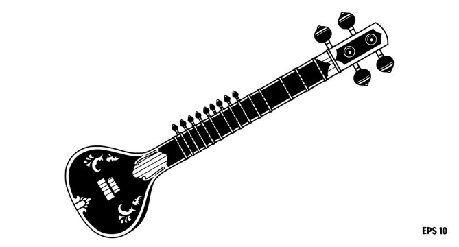 Traditional Indian Sitar Musical Instrument Icon Vector Silhouette