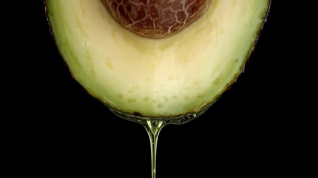 Avocado half on black background with fresh pulp and slow dripping oil-like liquid, captured as nutrition and skincare ingredient concept