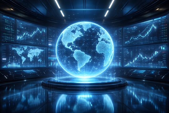 Futuristic Digital Command Center with Holographic Earth Globe and Stock Market Data Screens