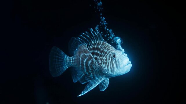 深海アンコウの生物発光 幻想的な青い光が揺らめく暗黒の深海