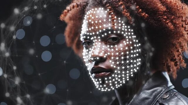 Face scan with tech, and woman.