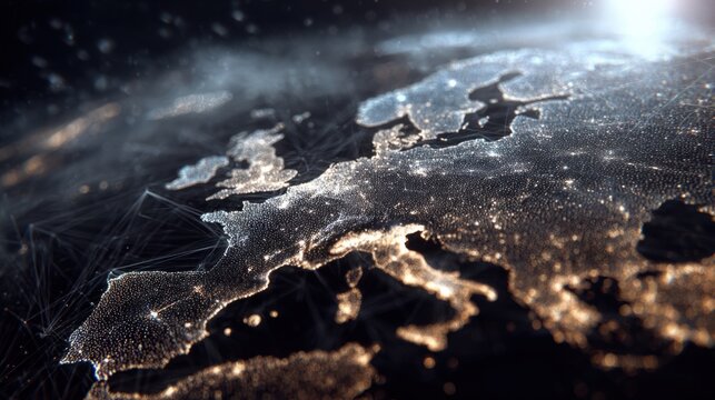 Cinematic digital map of the world with glowing lighting and detailed landmass features