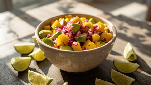 A lively salsa bowl features avocado, mango, red onion, and lime.