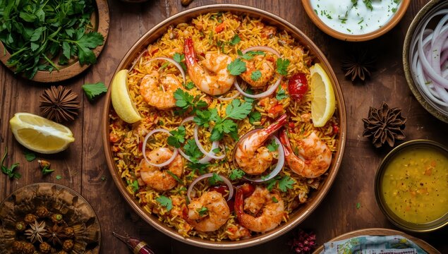 Aroma-rich spicy prawn biryani from above.