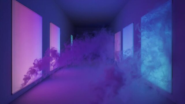 静寂な白い回廊を漂うUVスモーク 瞑想的スローパン夜間映像