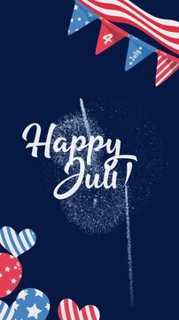 4th of july celebration with balloons, fireworks, american flag, stars vertical. Suitable for holiday designs, social media posts.