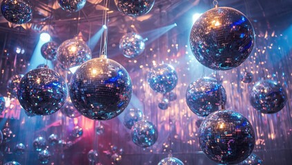 Colorful disco balls against a silver backdrop.