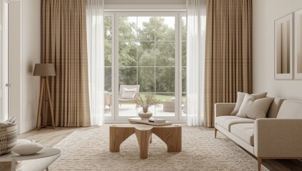Fototapeta premium Contemporary furnishings and drapes in a chic interior space.
