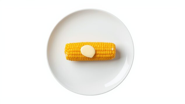 Corn on the cob with butter on a white plate.