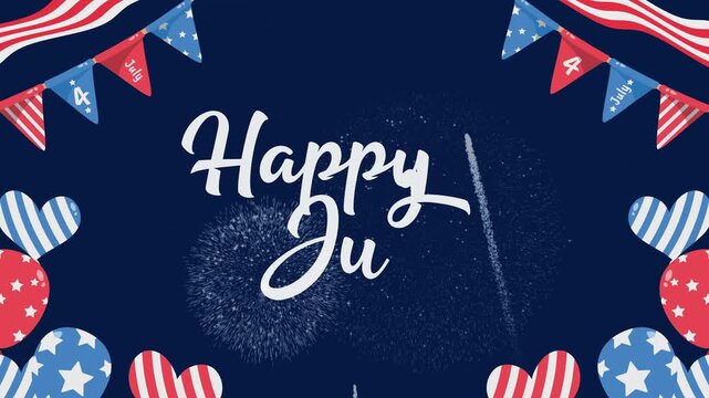 4th of july celebration with balloons, fireworks, american flag, and stars. Suitable for holiday designs, social media posts.