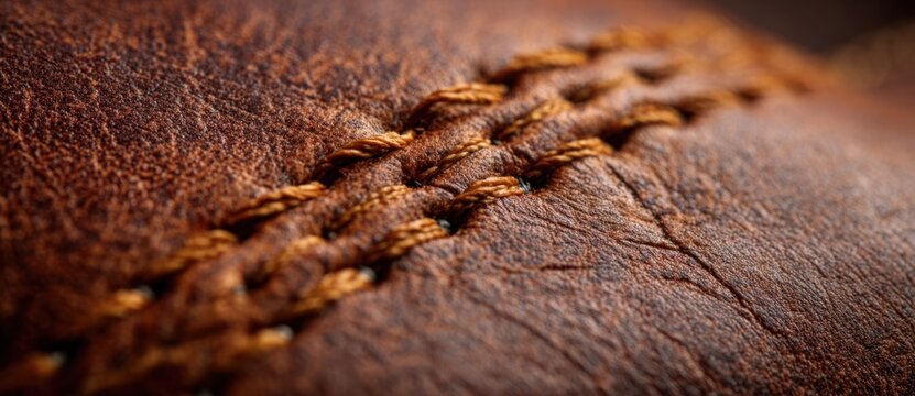 Detailed stitching on brown leather surfboard with textured surface and craftsmanship visible