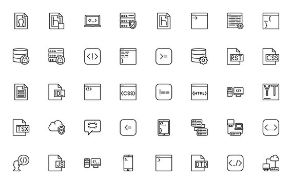Development icon set. Vector web and coding icons pack. Includes symbols for user profile, HTML, server, database, CSS, JavaScript, cloud computing, smartphone, networking and more. Editable stroke.