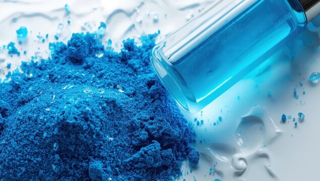 Detailed view of blue copper peptides in both powder and liquid.