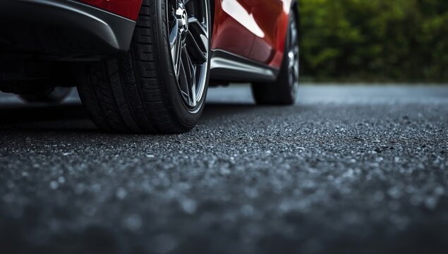 Detailed view of vehicle wheels on asphalt. Design feature.