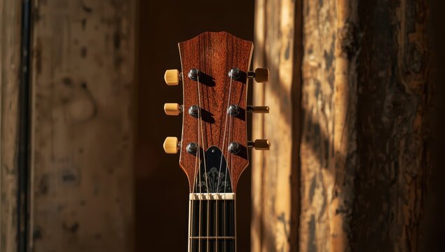 Front perspective of an acoustic guitar's headstock on a wooden post.