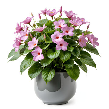 Pink Impatiens Flowers in a Gray Pot on Icon White Background pink flowers potted plant