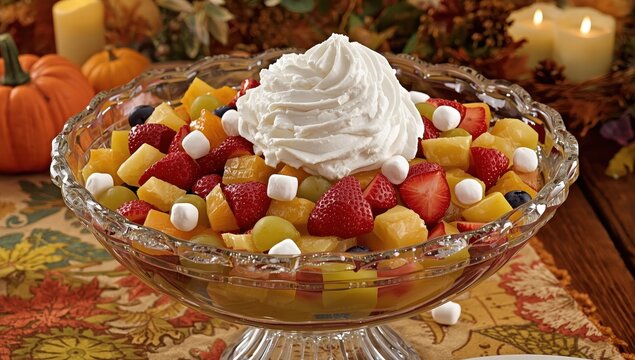 Homemade fruit salad with whipped cream and marshmallows.