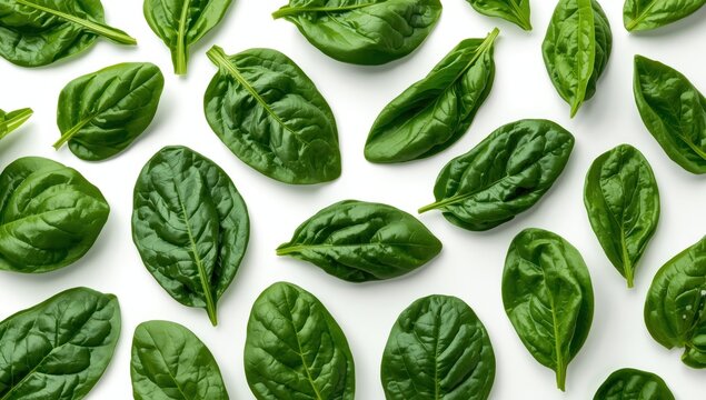 Isolated baby spinach on a white background. Overhead view.