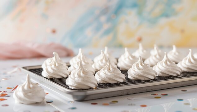 Italian meringue cookies on the drying rack.