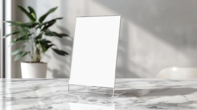 vertical blank menu or flyer stand on a marble countertop, modern indoor cafe or bar background