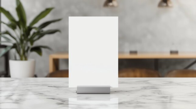 vertical blank menu or flyer stand on a marble countertop, modern indoor cafe or bar background