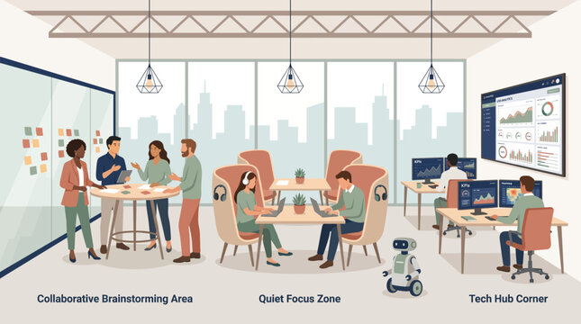 Modern office space with collaborative work areas.