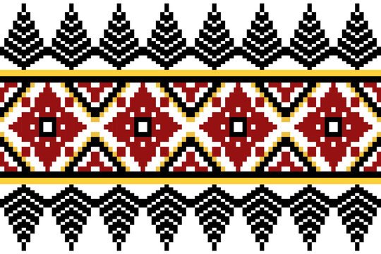 Geometric Tribal Pixel Pattern in Red Black White and Gold Seamless Ethnic Design