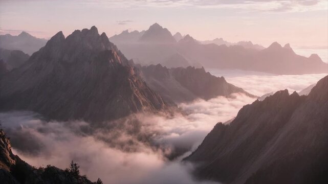霧に包まれた山頂の幻想的な空撮映像・夜明けの光と雲海